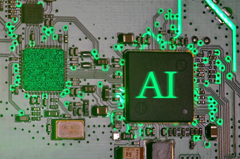 A macro shot of a green circuit board featuring a central processor with the glowing green letters "AI" on top.